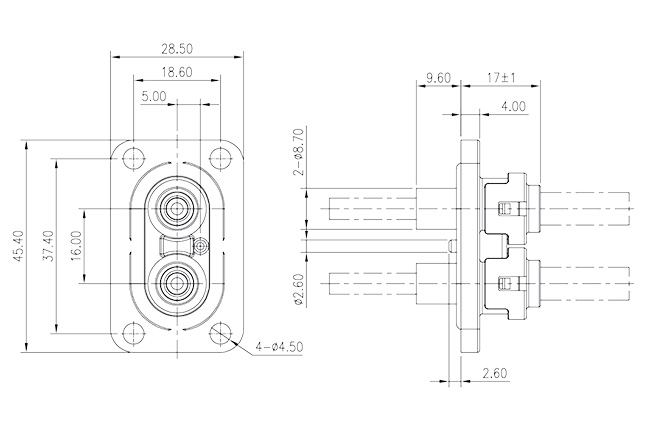 overall dimensions of 2-core pass-through connector